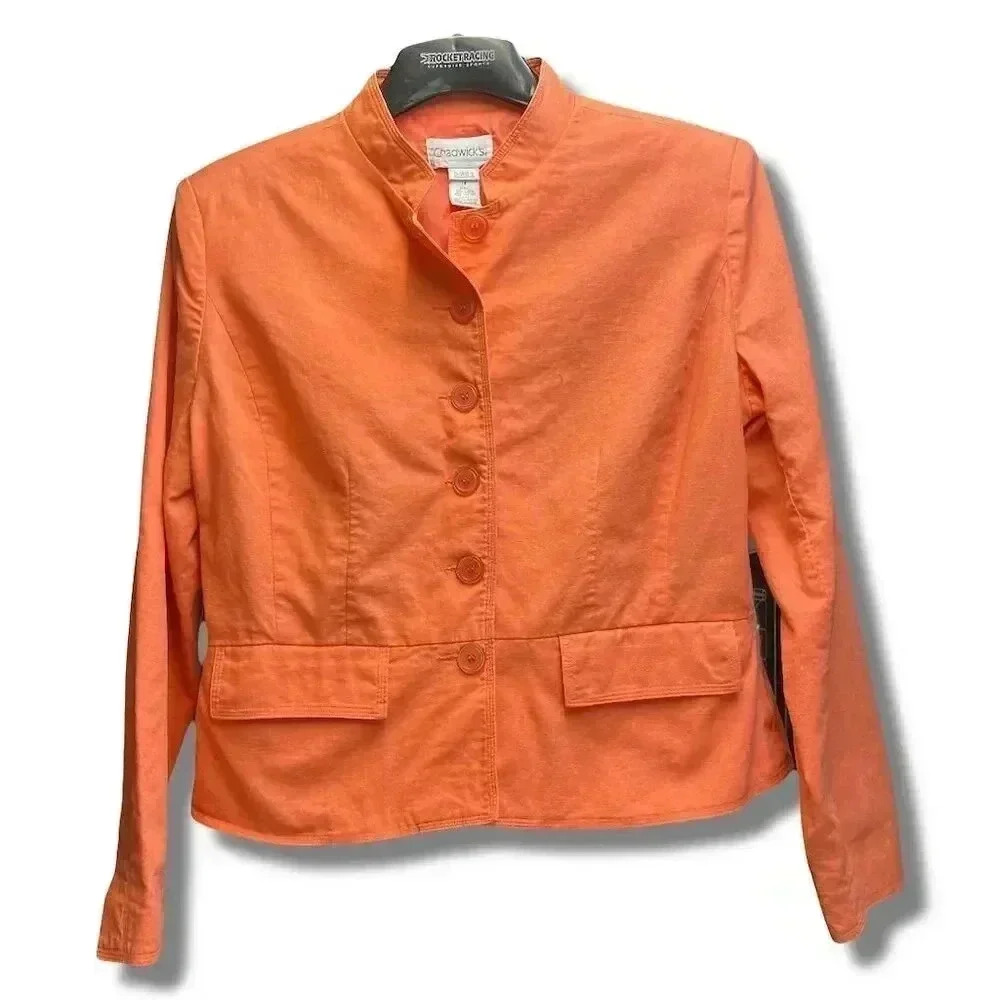 Chadwick's Women's Orange Linen Blend Jacket Size 14 Mandarin Collar Mid-Length